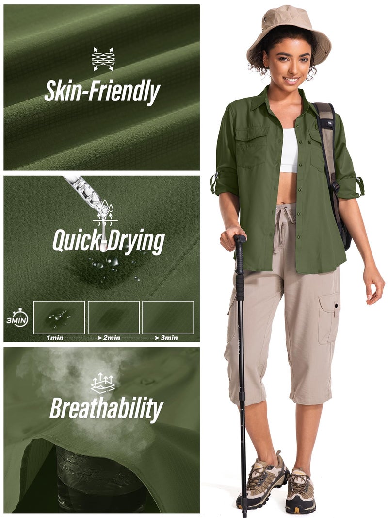 Toomett Women safari shirts Sun Protect Lightweight Long Sleeve Travel Hiking Kayak Cruise Outdoor Cool Shirts,F5026,Army Green,L - Image 3
